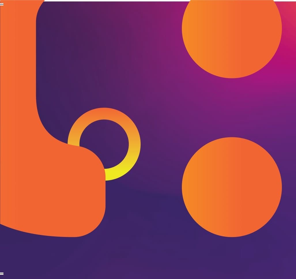 Detalhe do sistema visual da Tanuri Odonto: formas circulares em gradiente laranja, roxo e amarelo